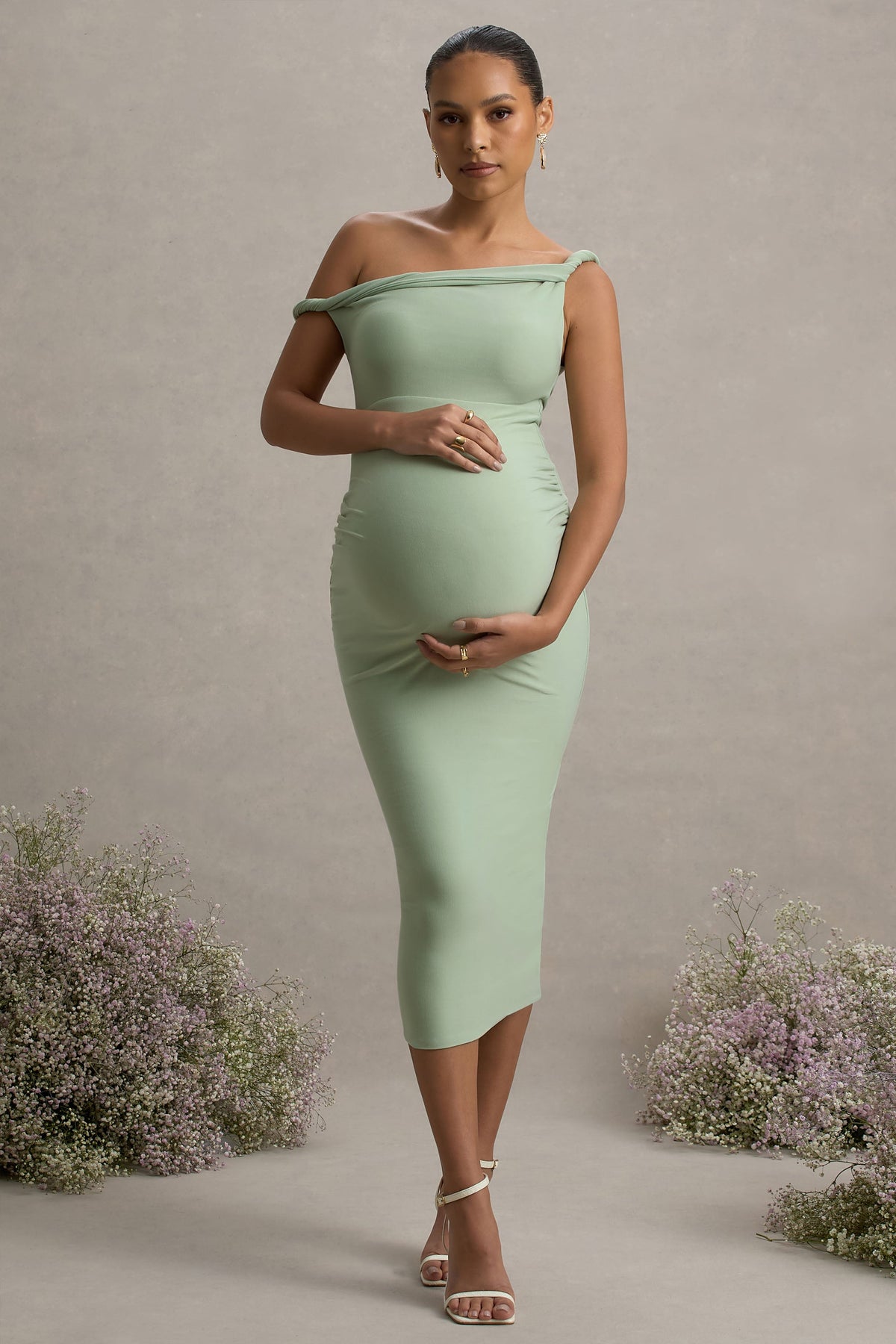 Salome | Light Green Twisted Asymmetric Maternity Midi Dress