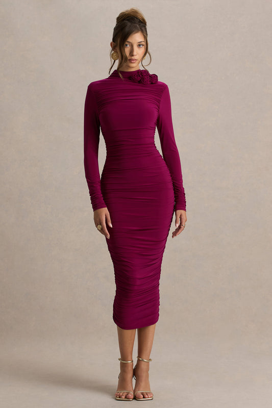 Tamara | Burgundy Long-Sleeve Ruched Midi Dress