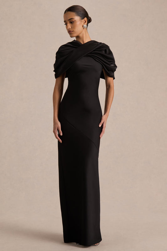 Yoli | Black Satin Maxi Dress With Removable Twist-Cape