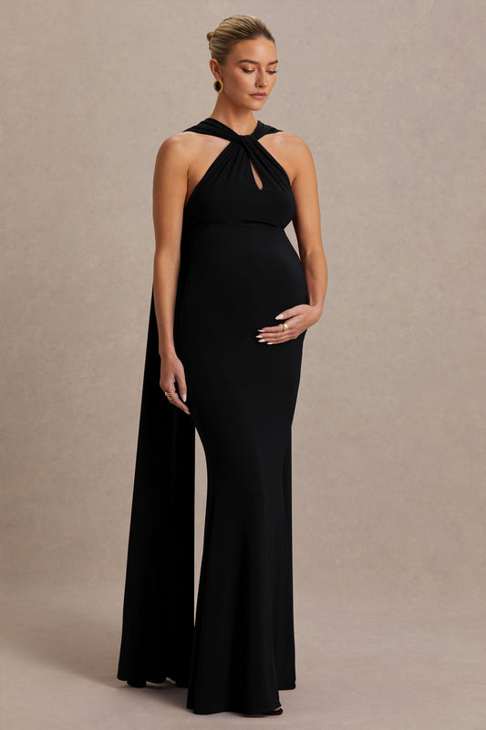 Lyra | Black Cross Halter-Neck Maternity Maxi Dress With Cape
