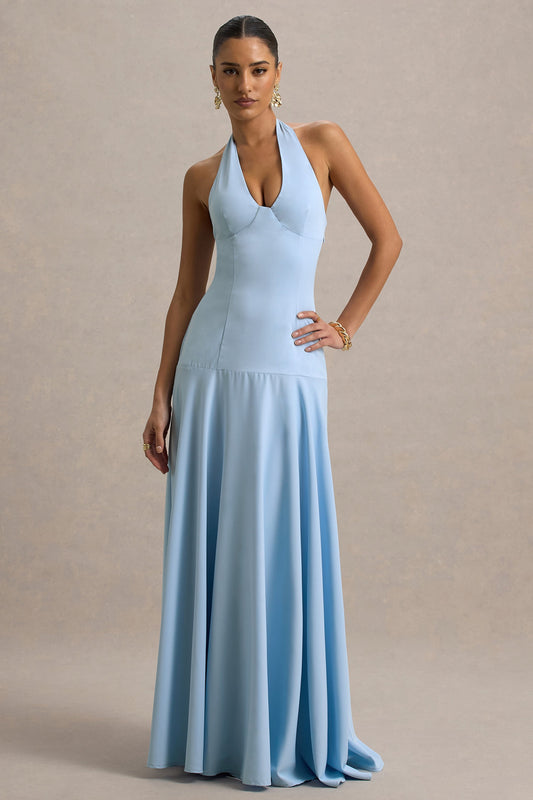 Ginevra | Powder Blue Halter-Neck Slip Maxi Dress