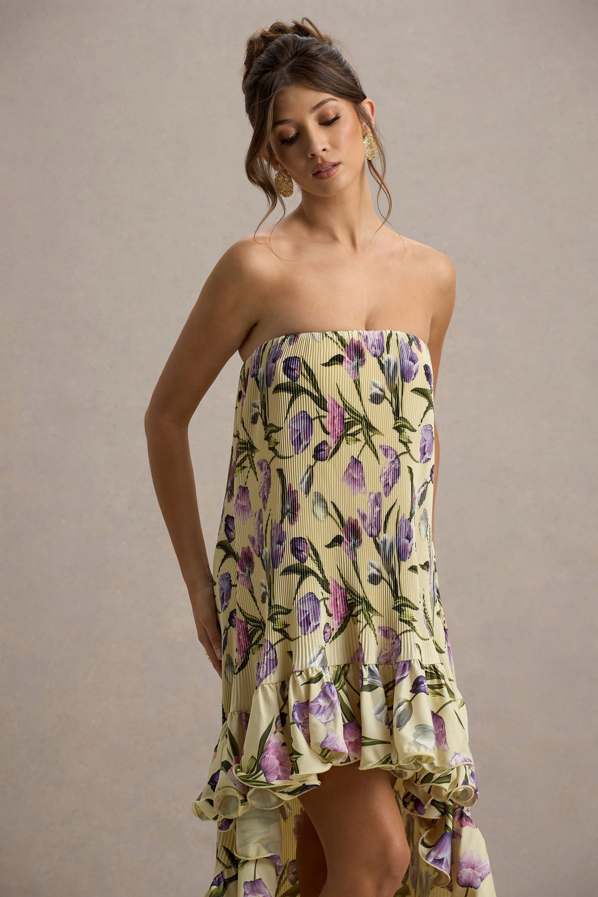 Whistler | Tulip Floral Print Chiffon Bandeau High-Low Ruffled Maxi Dress