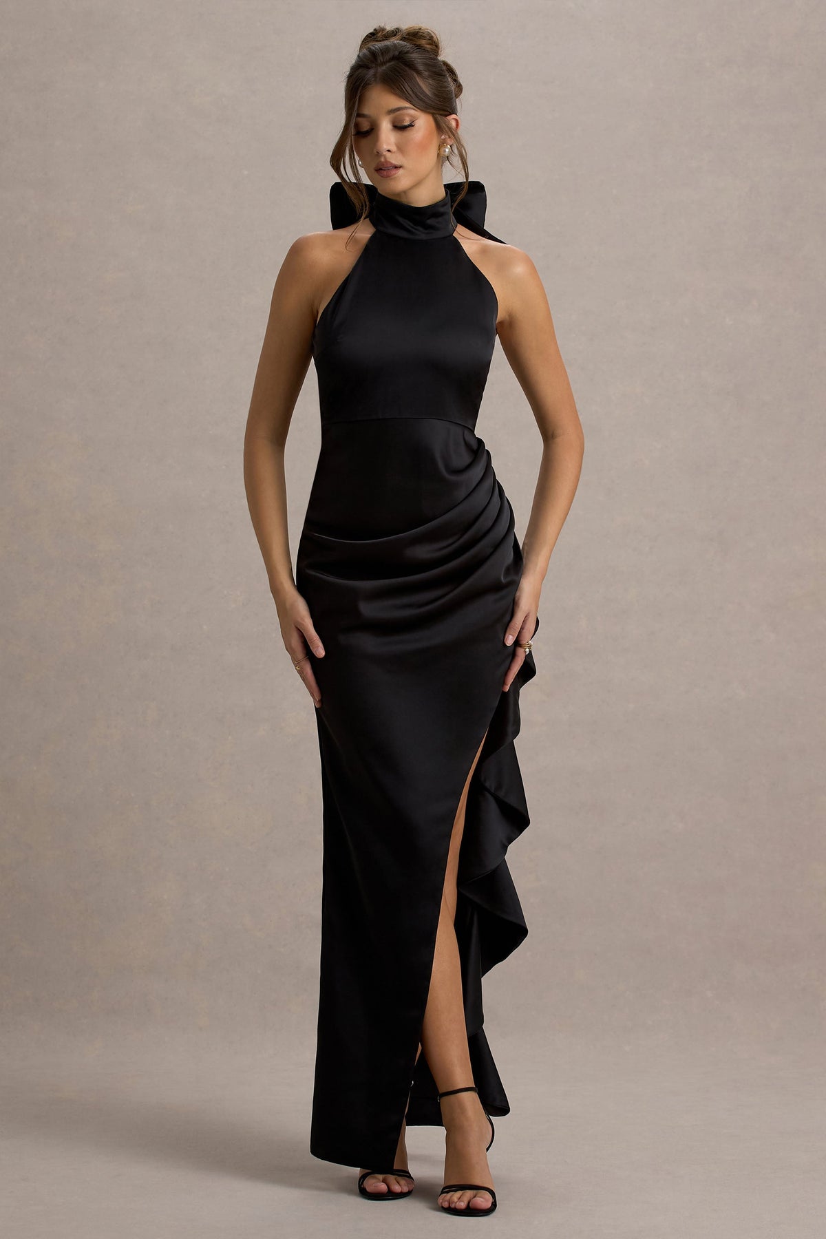 Maureen | Black Satin High-Neck Draped Maxi Dress
