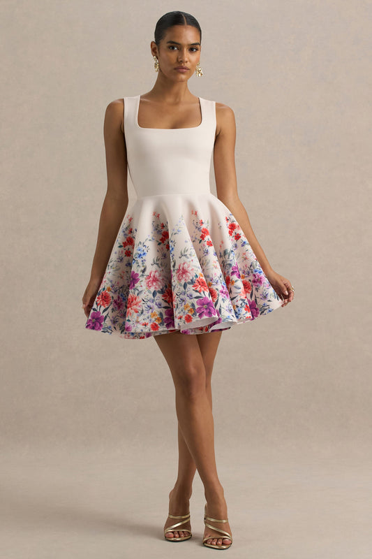 Gemstone | Light Pink Floral Print Square-Neck Skater Mini Dress
