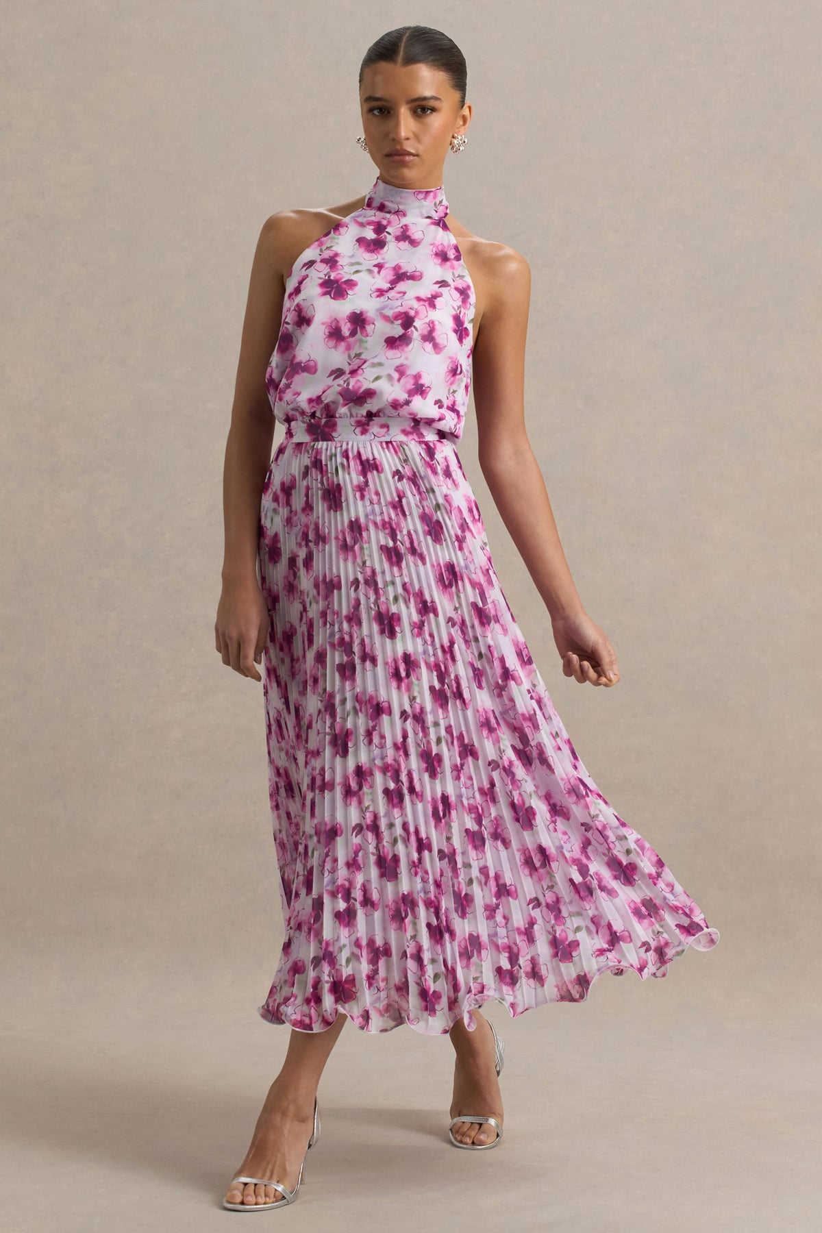 Refractive | Purple Floral Print Satin Maxi Dress With Halter-Neck and Pleated Skirt