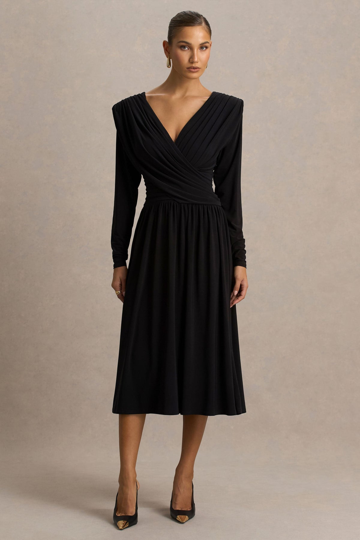 Alexis | Black Plunge-Neck Midi Dress With Draped And Ruched Detailing