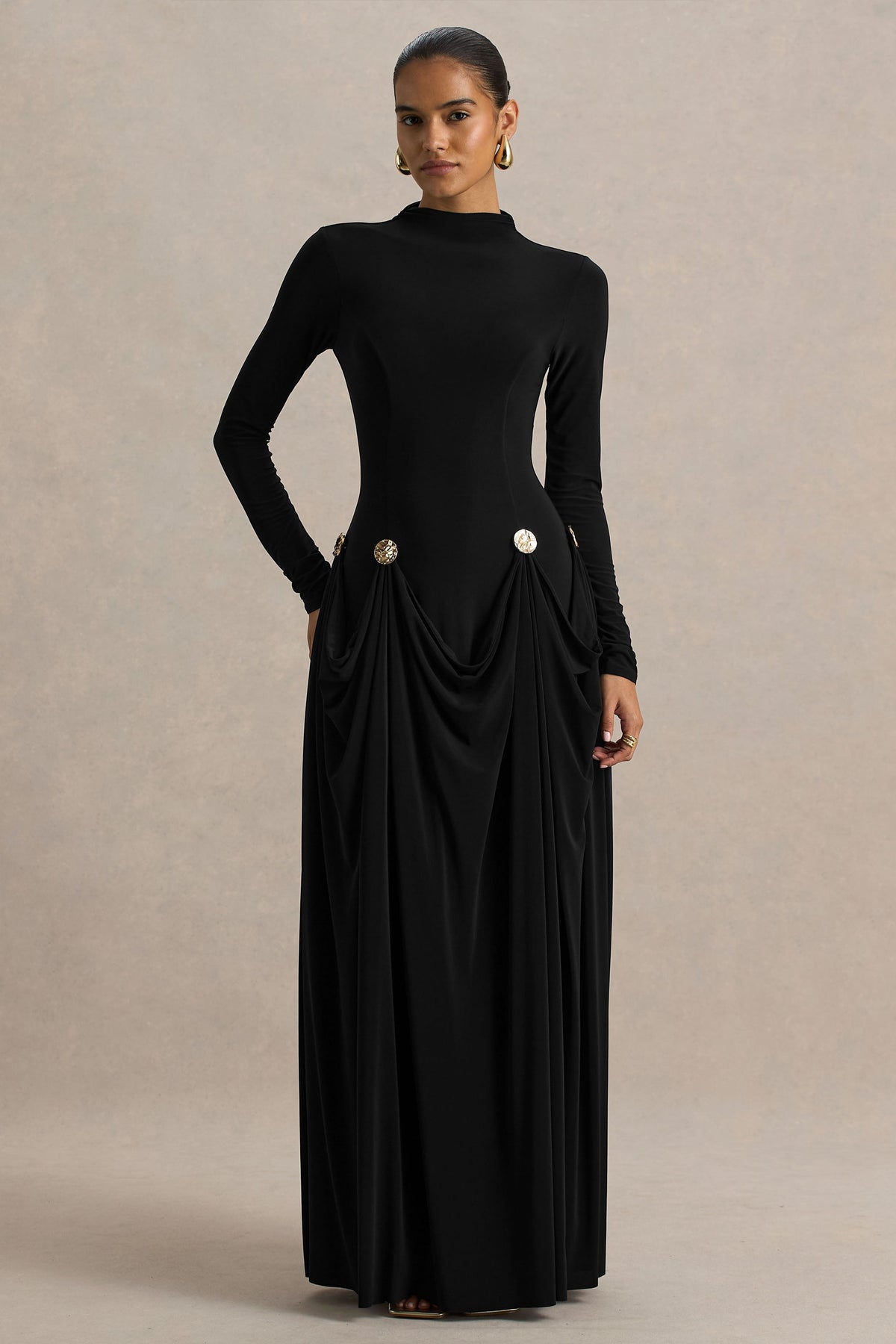 Caprice | Black High-Neck Maxi Dress With Embellished Details