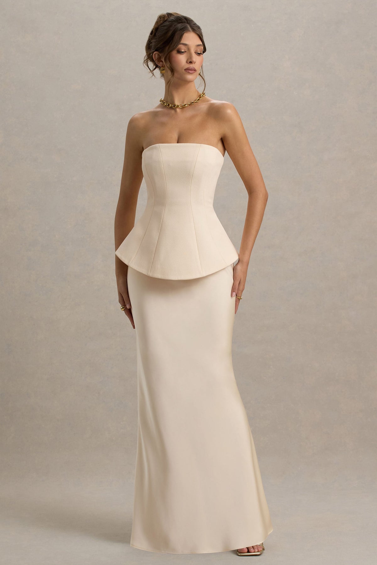 Ohio | Champagne Bandeau Maxi Dress With Satin Skirt And Corset