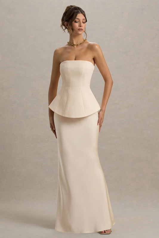 Ohio | Champagne Bandeau Maxi Dress With Satin Skirt And Corset