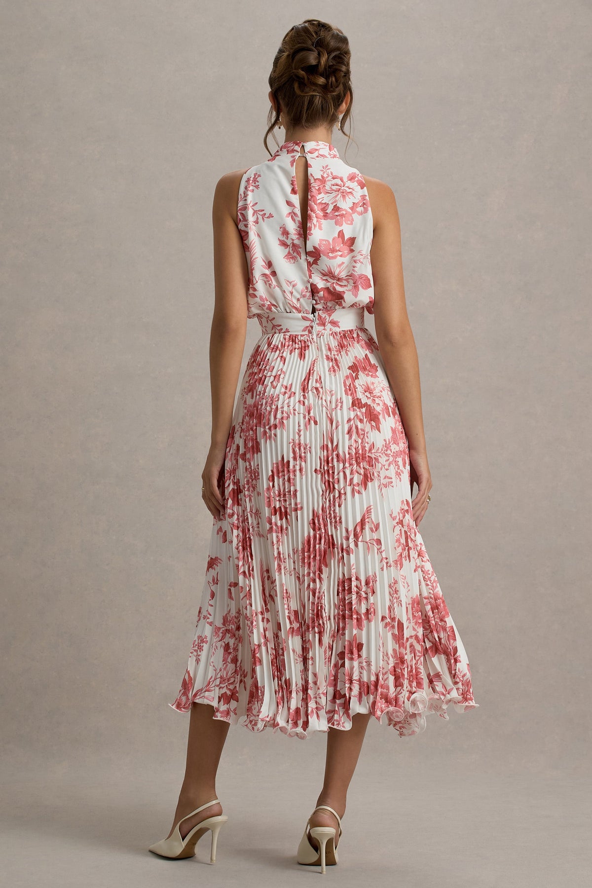 Nila | Pink Porcelain Print Cowl-Neck Midi Dress With Plisse Skirt