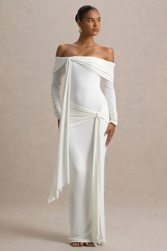Jovie | White Jersey Ruched Bardot Long Sleeve Wrap Maxi Dress With Sashes and Back Split
