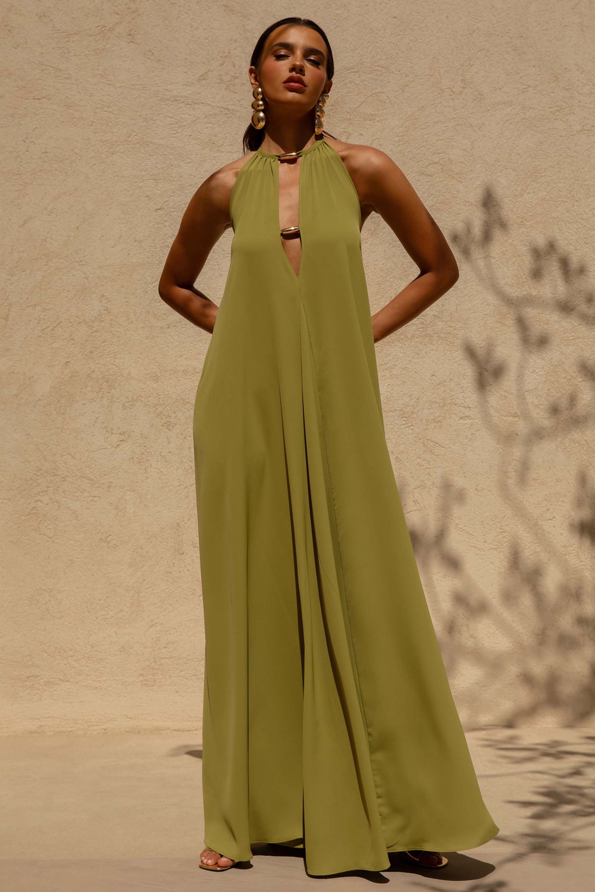 Zyon | Green High-Neck Maxi Dress with Cut-Out Details