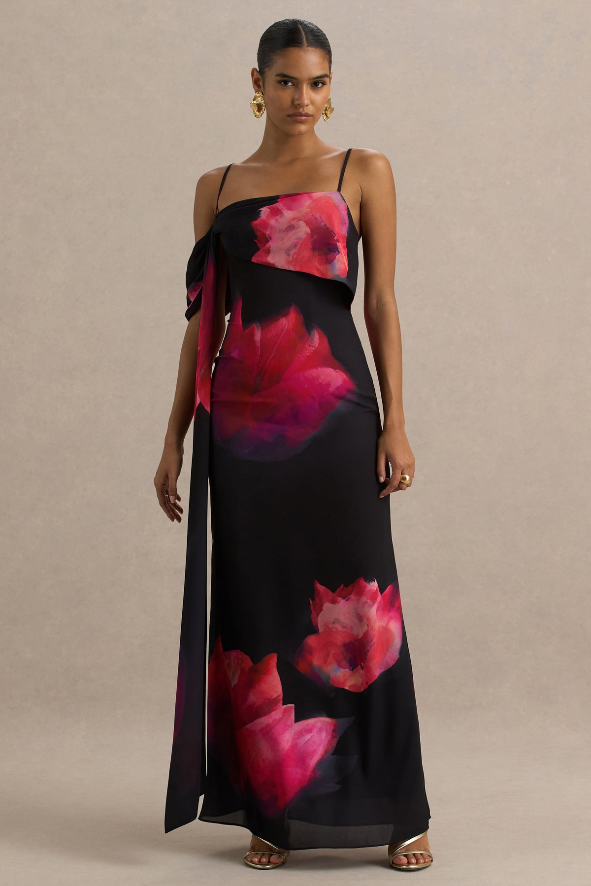 Leonara | Black And Pink Floral Print Cowl-Neck Maxi Dress With One-Sleeve