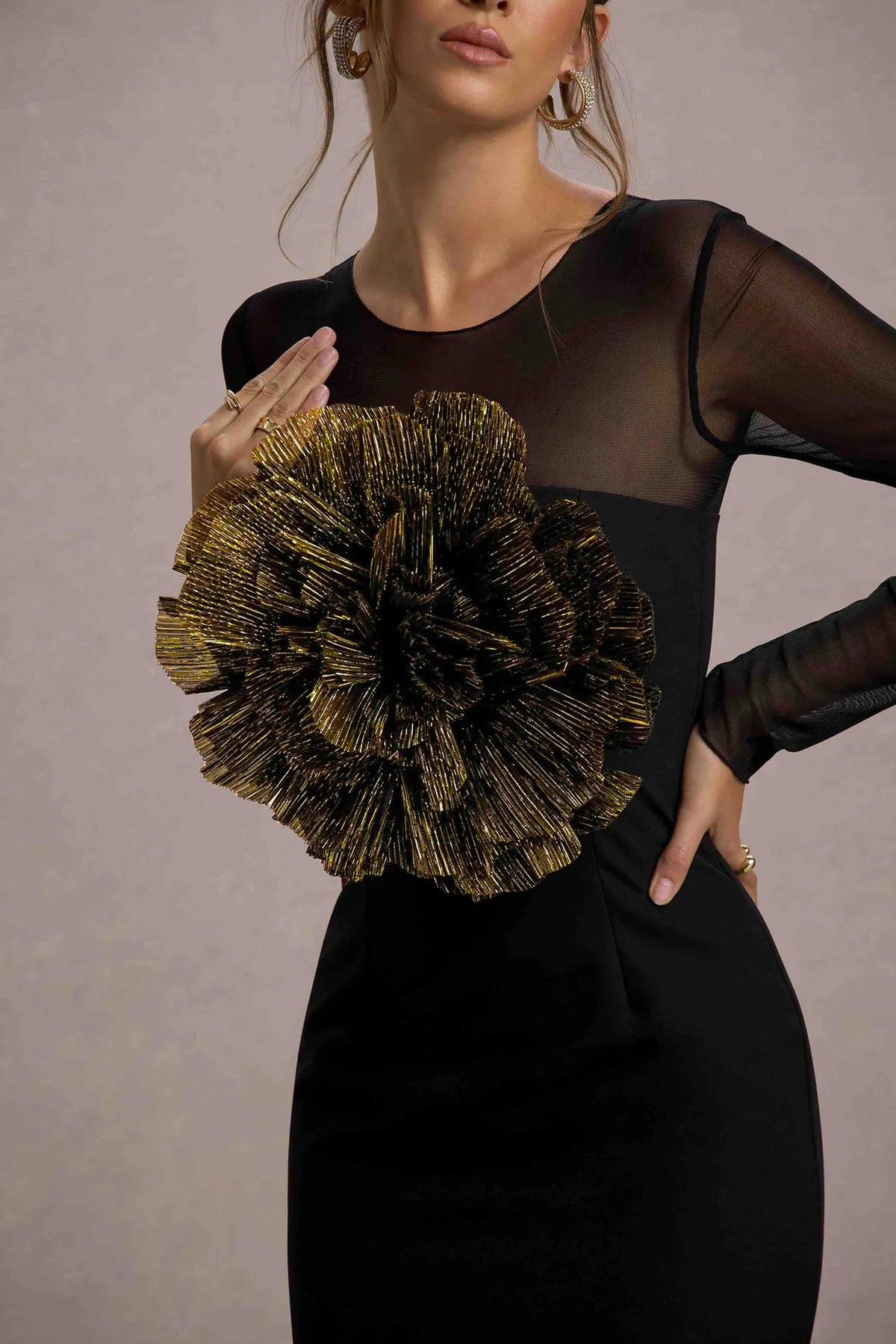 Ruchi | Black Sheer Mini Dress With Corsage Detail