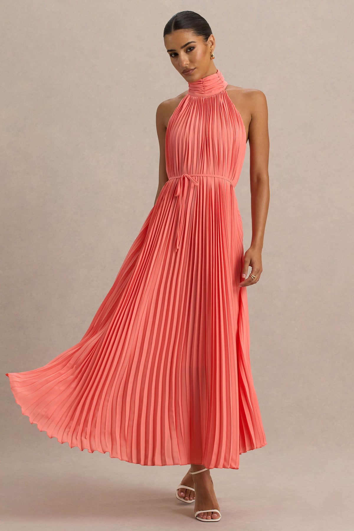 Tulip | Coral Pleated High-Neck Midi Dress
