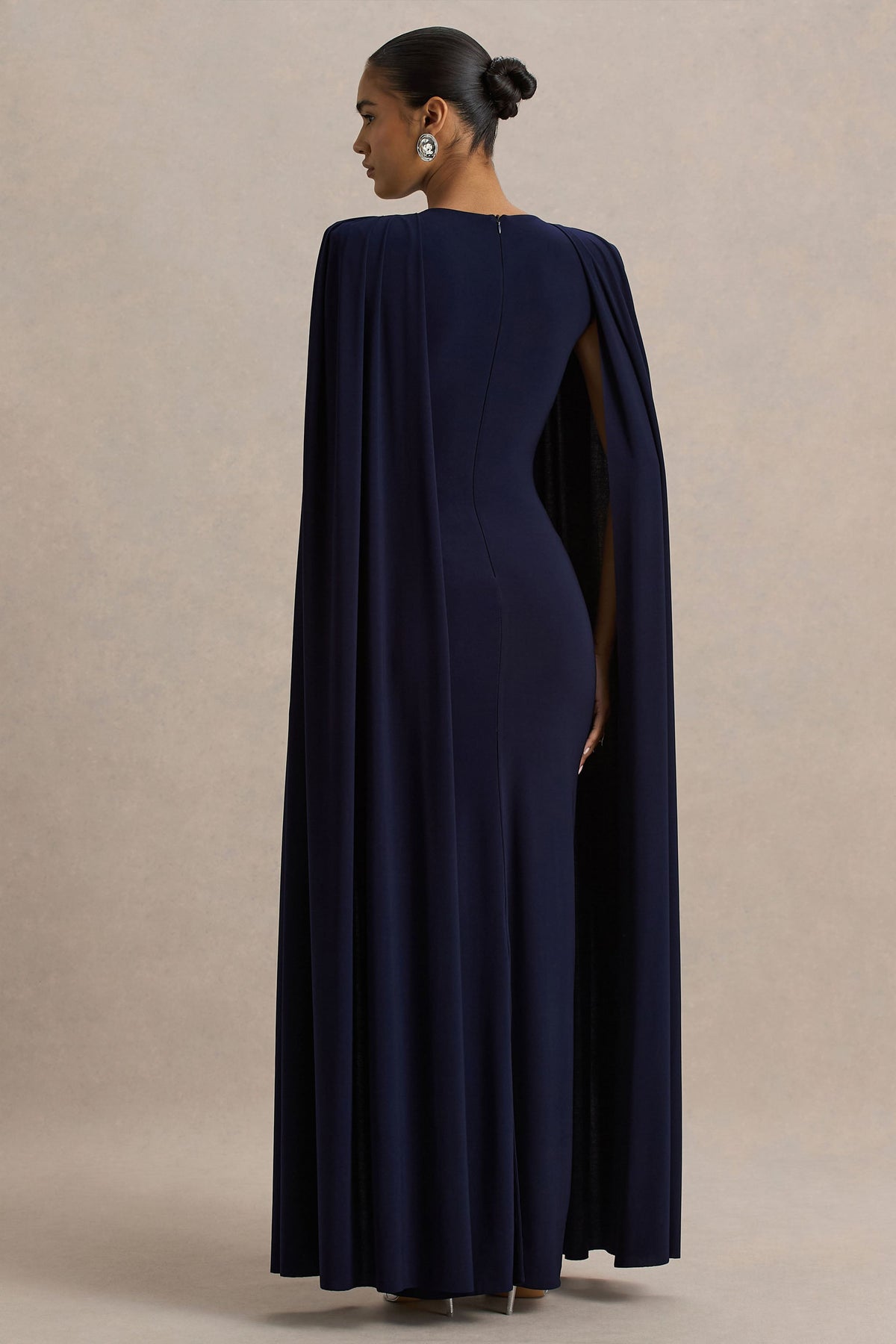 Mimi | Navy Jersey Round Neck Long Sleeve Maxi Dress With Cape