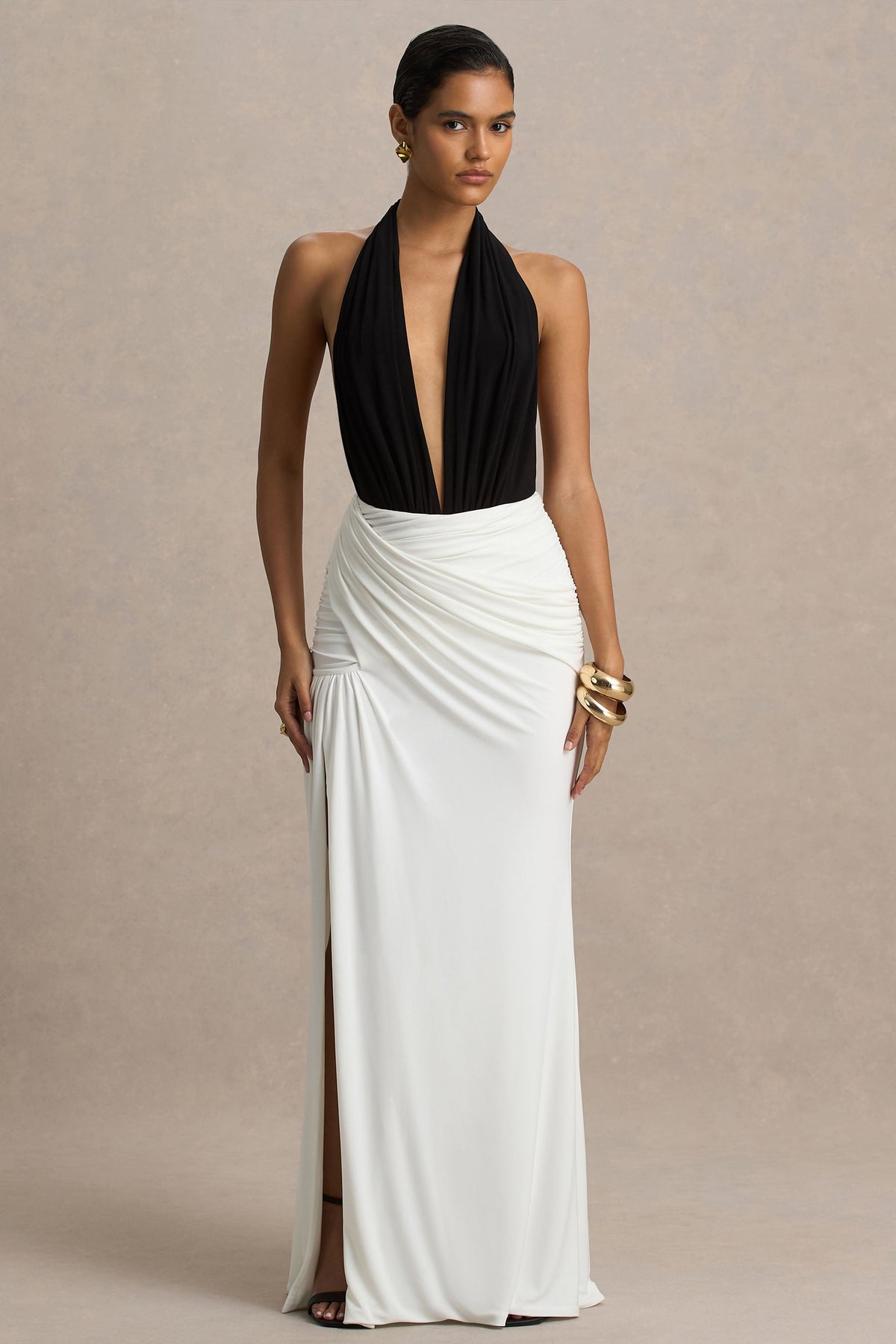 Tilly | Monochrome Jersey Ruched Plunge Wrap Maxi Dress With Open Back And Split