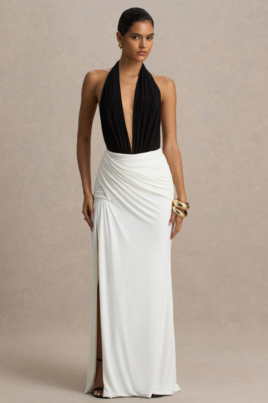 Tilly | Monochrome Jersey Ruched Plunge Wrap Maxi Dress With Open Back And Split
