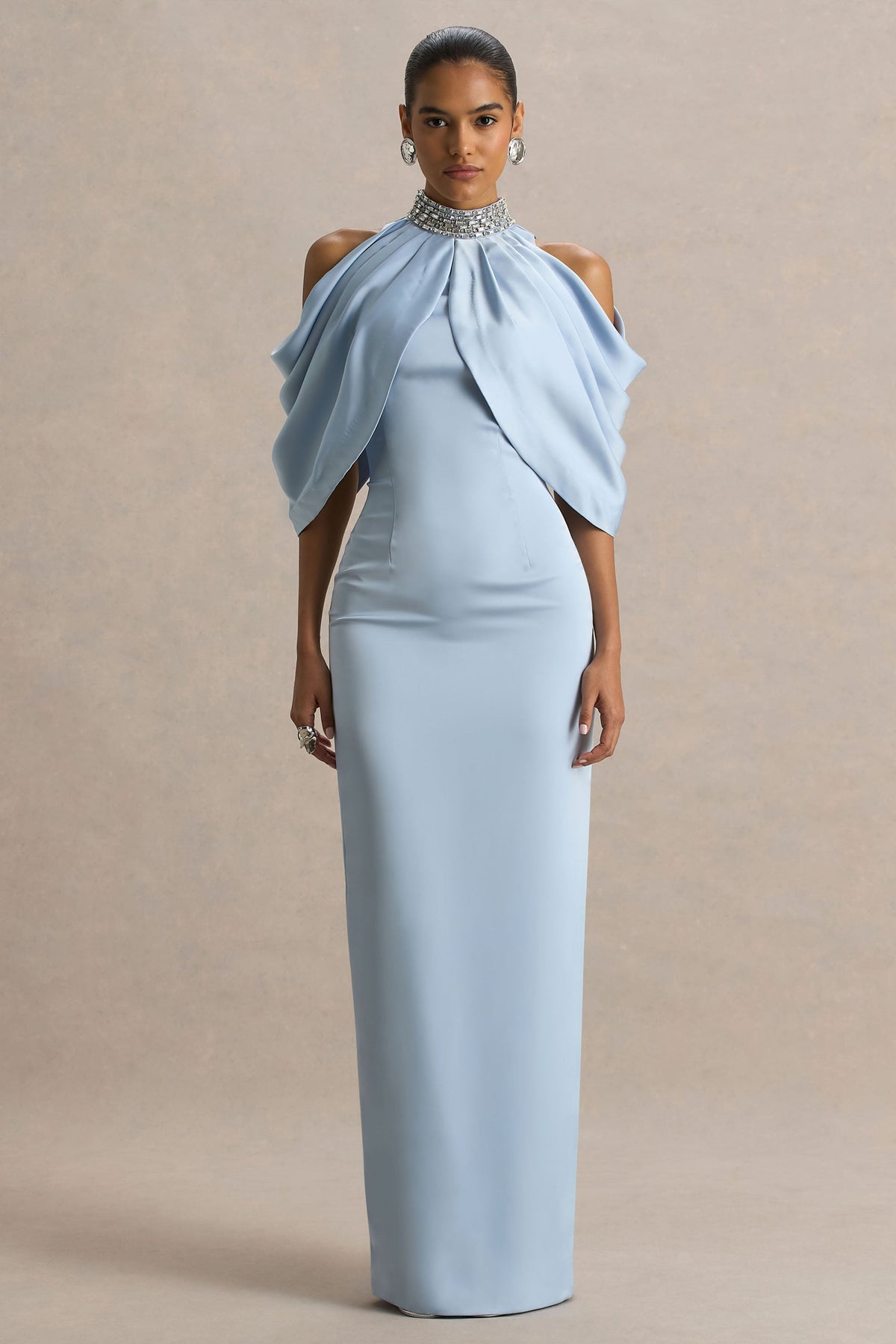 Sulliana | Powder Blue Satin High-Neck Maxi Dress With Embellished Detail And Cape Sleeves
