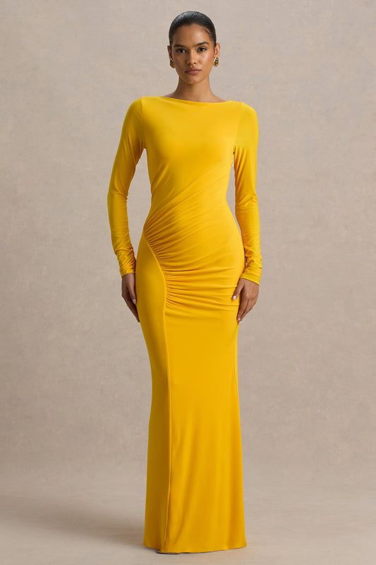 Diva | Yellow Slashed-Neck Maxi Dress With Ruched Detailing