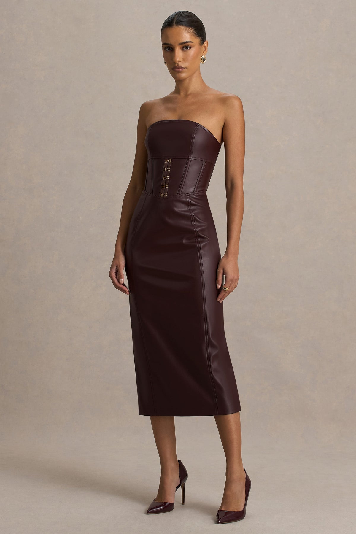 Zola | Burgundy Faux Leather Bandeau Midi Dress