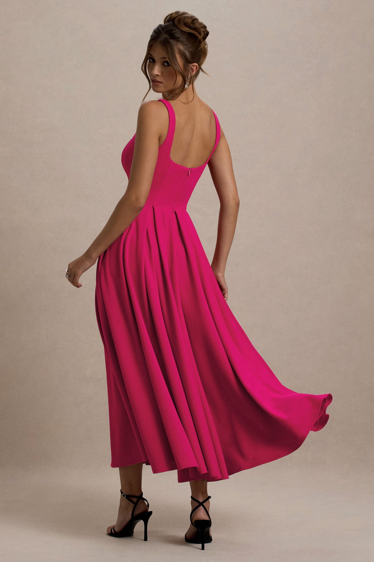 Parina | Hot Pink Scuba Square Neck A-Line Midi Dress