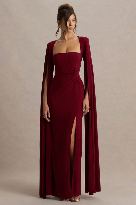 Claretta | Berry Square Neck Twisted Maxi Dress With Cape Sleeves