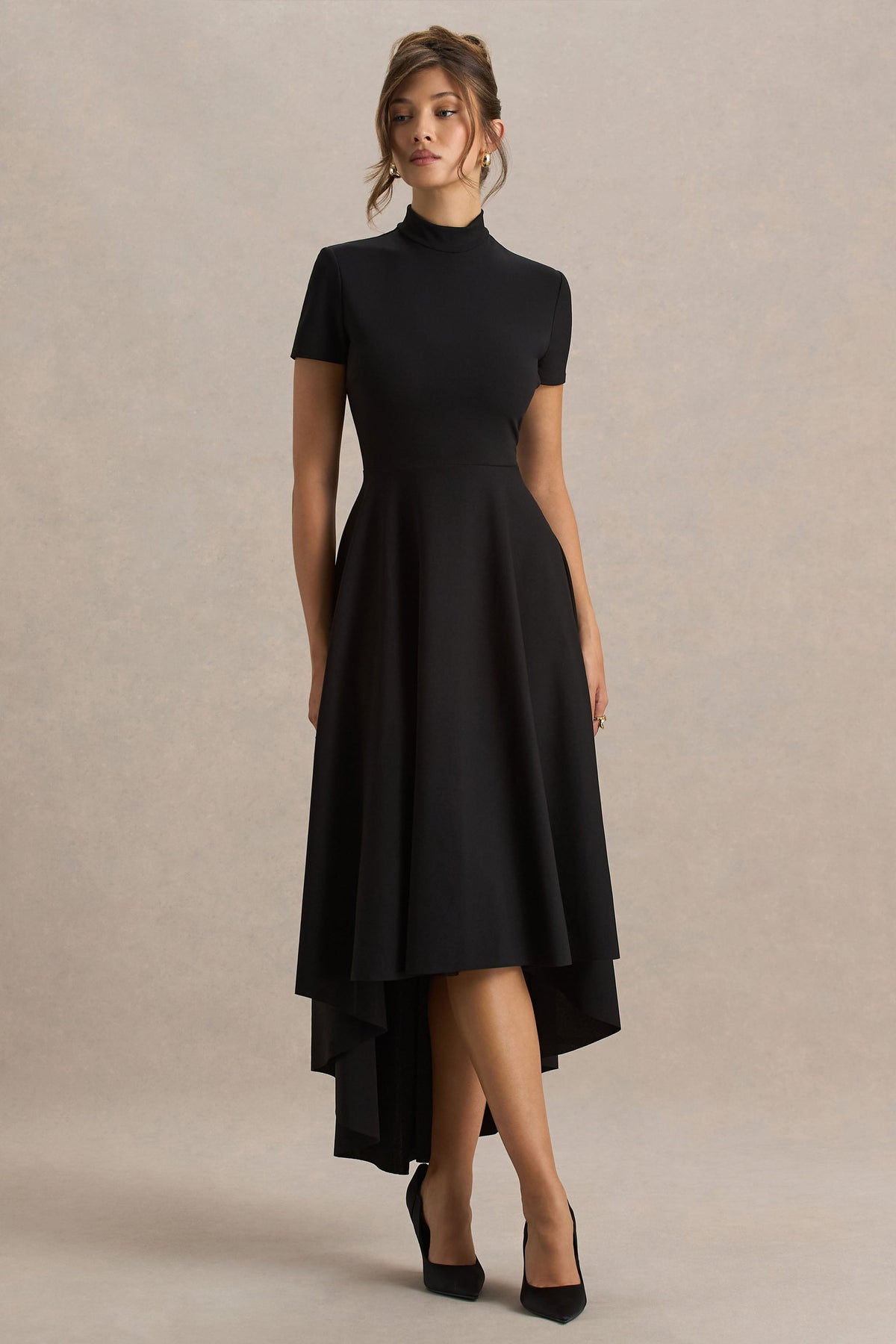 Bellona | Black High-Neck High-Low Midi Dress