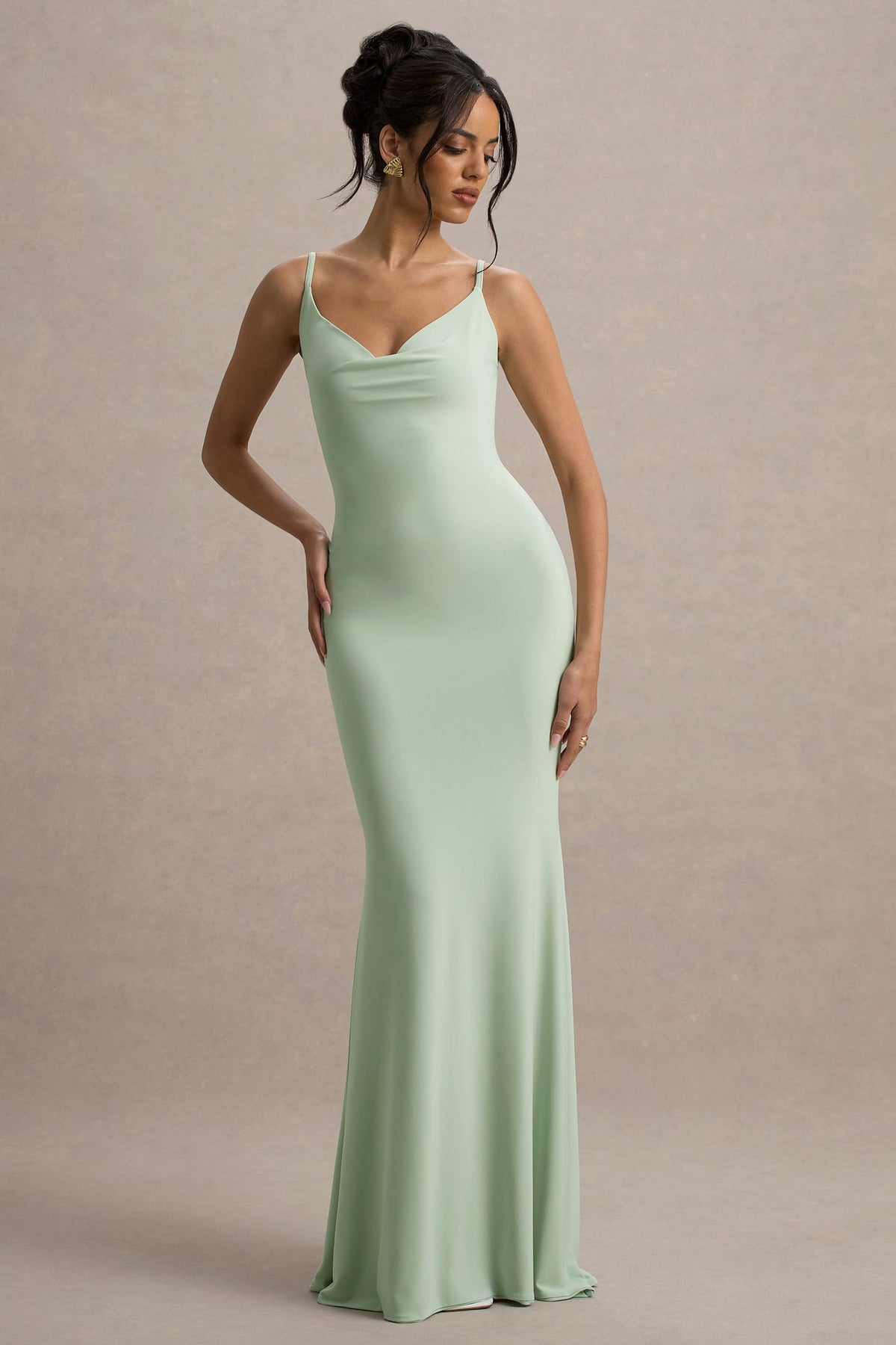 Francoise | Light Green Cowl Neck Backless Maxi Dress With Lace Insert