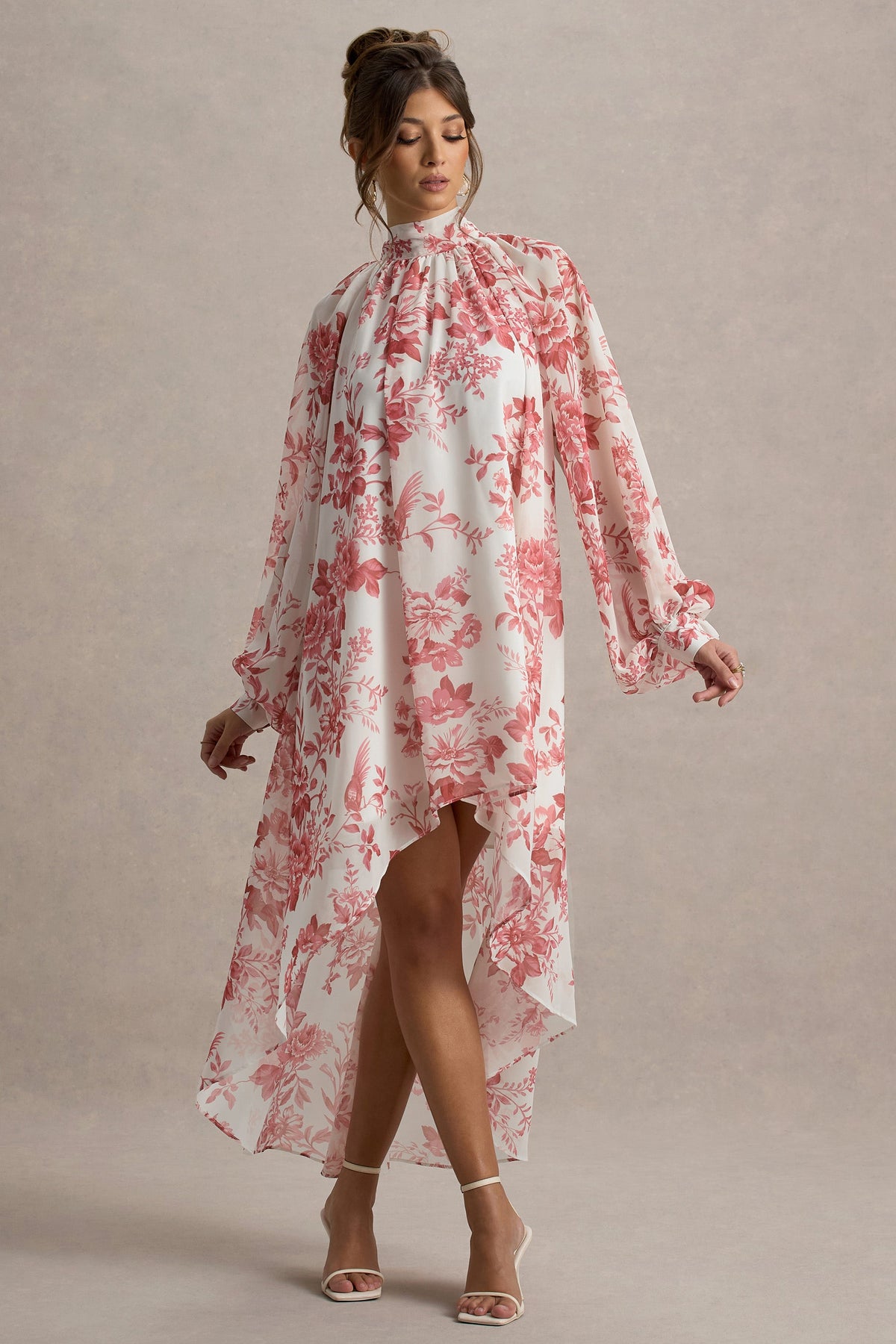Delphia | Pink Porcelain Print High-Neck Maxi Dress With High-Low Hem