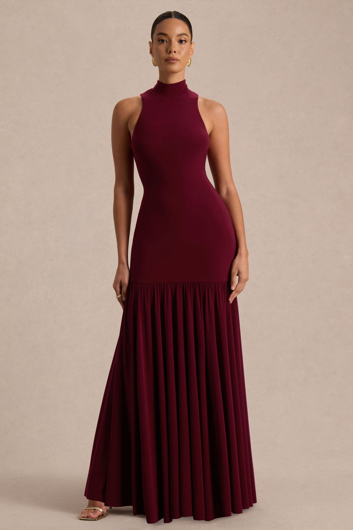 Tasmin | Burgundy High-Neck Maxi Dress With Drop-Waist