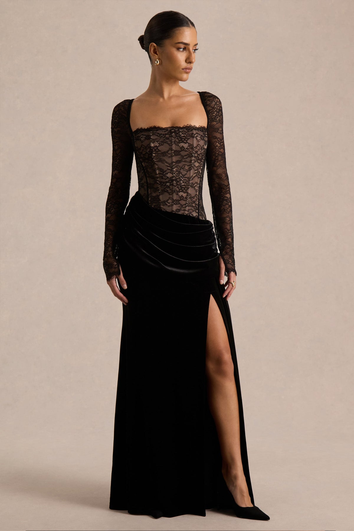 Finesse | Black Lace And Velvet Square-Neck Maxi Dress With Draped Skirt
