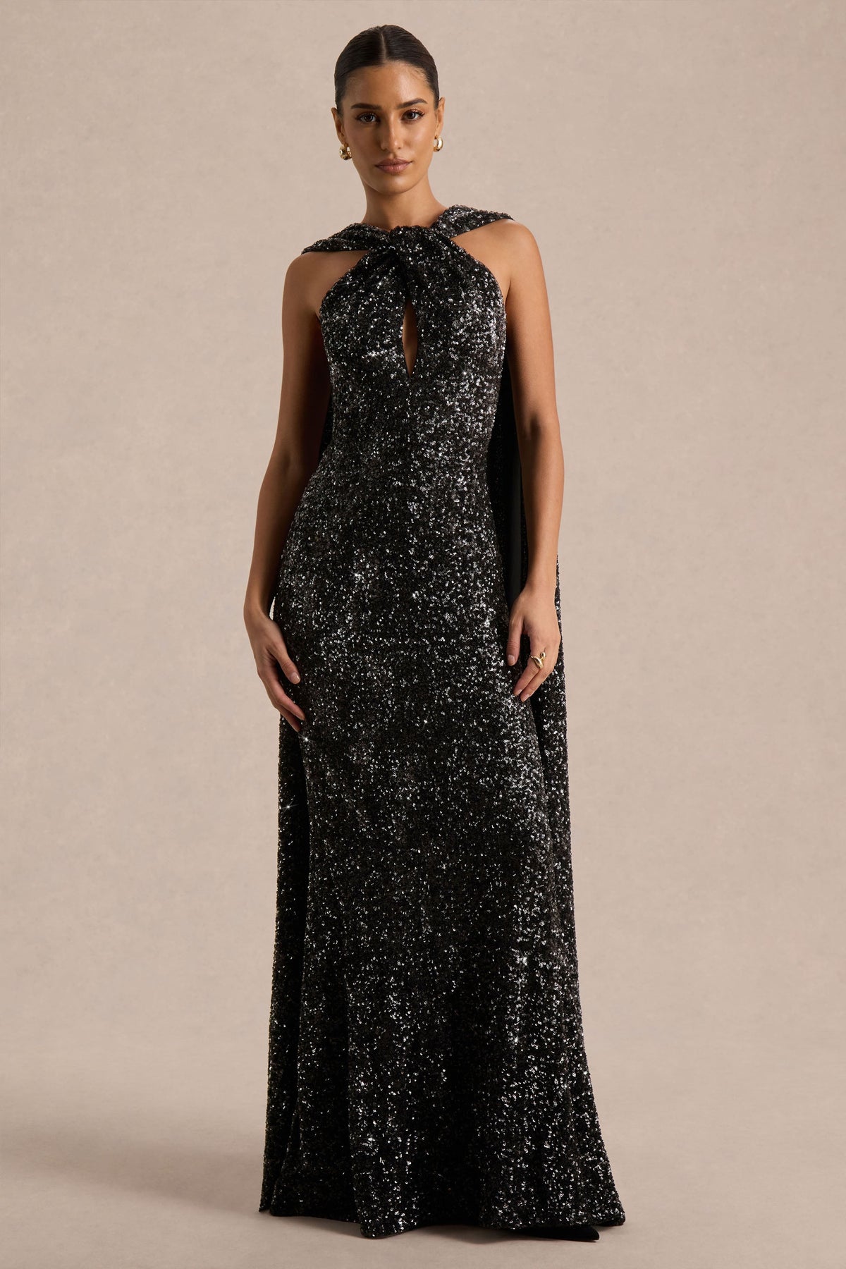 Renelle | Black Sequin Halter Neck Maxi Dress