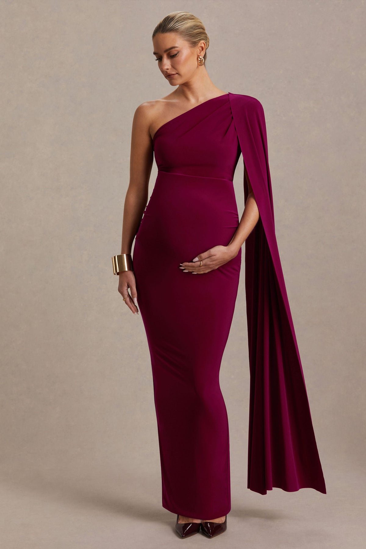 Amaryllis | Berry Maternity One Shoulder Maxi Dress with Cape Sleeve