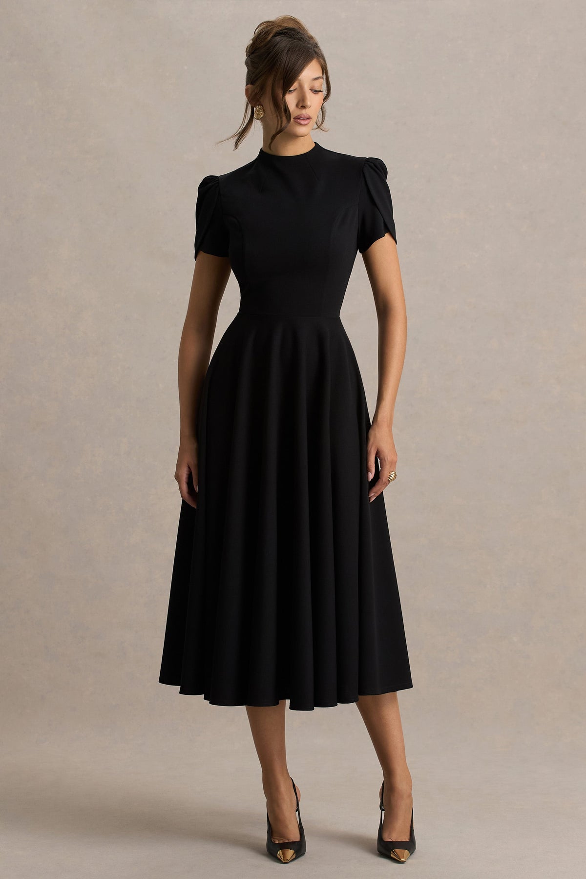 Vicky | Black High Neck Midi Dress With Puff Sleeves