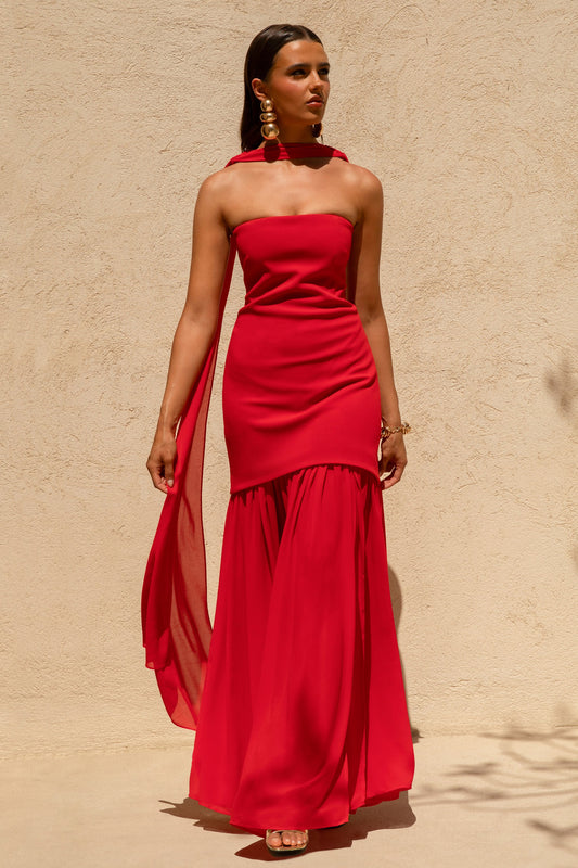 Kylie | Red High-Neck Maxi Dress With Chiffon Skirt