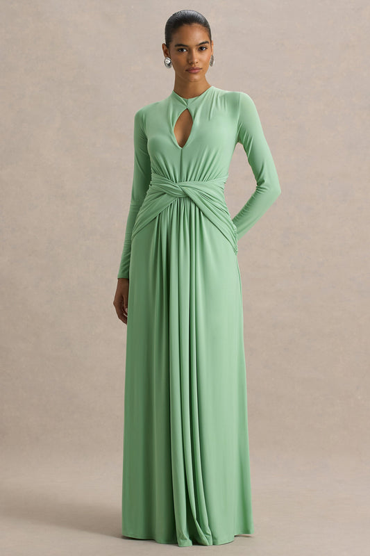 With Me | Green High-Neck Maxi Dress With Ruched Detailing