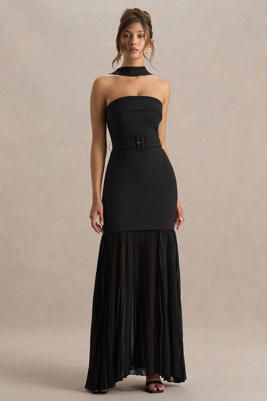 Jaquetta | Black Belted Maxi Dress With Pleated Chiffon Skirt