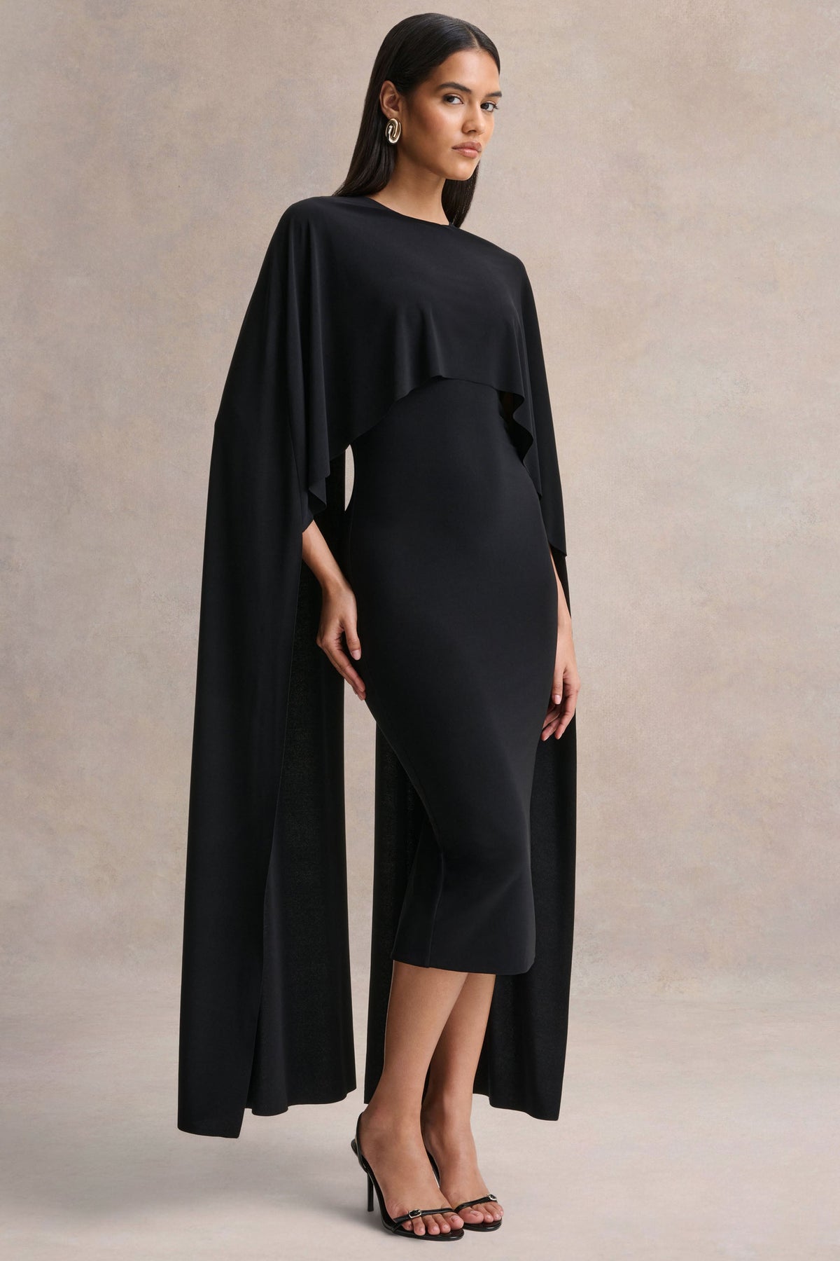 Kalani | Black Crew-Neck Midi Dress With Cape-Sleeves