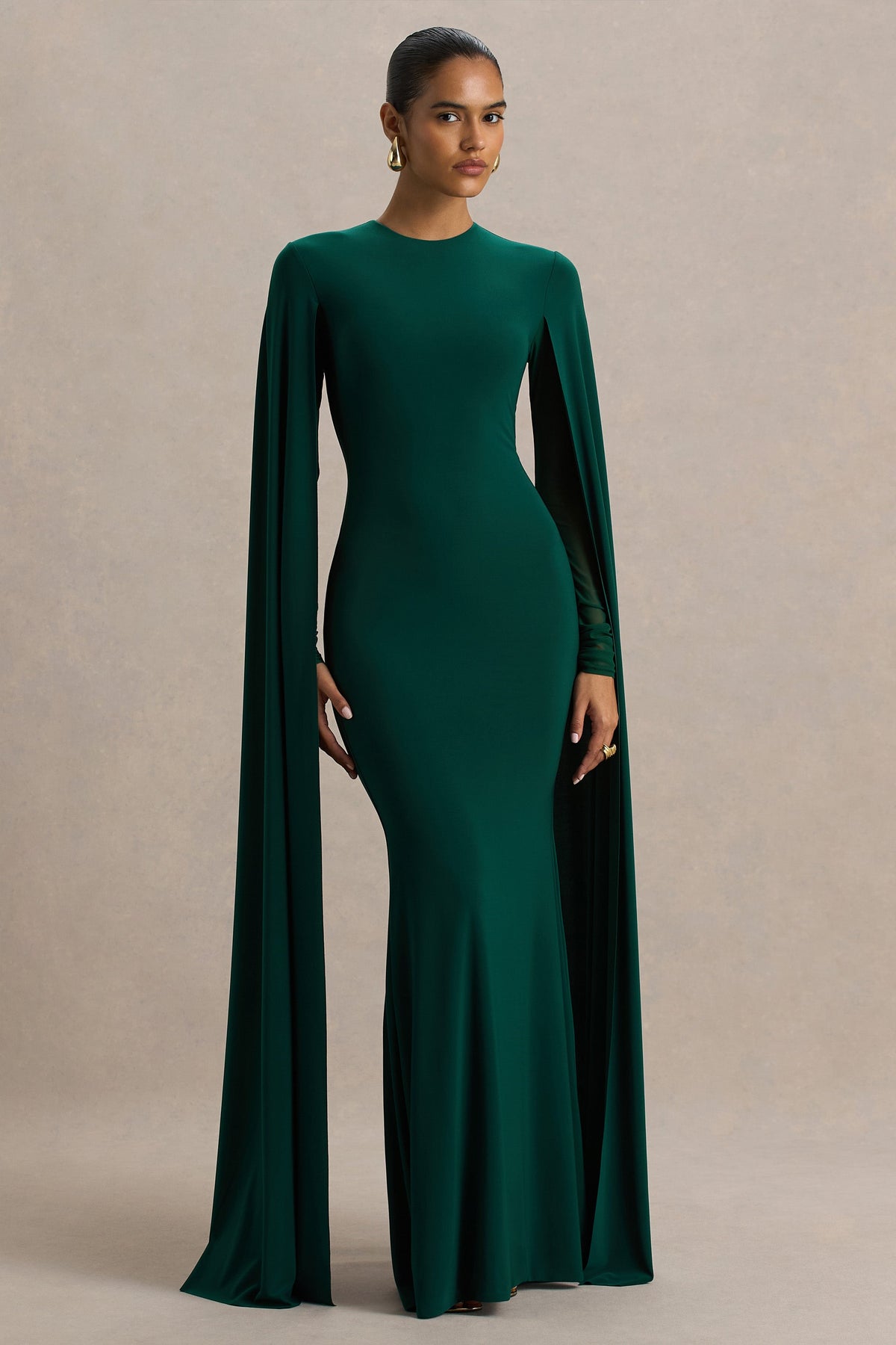 Isla | Bottle Green Crew-Neck Maxi Dress With Cape Sleeve