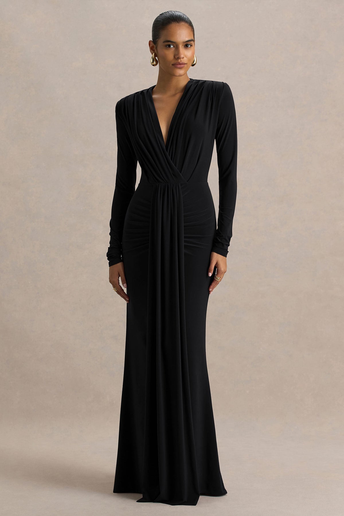 Flashy | Black Plunge-Neck Maxi Dress With Ruched Detailing