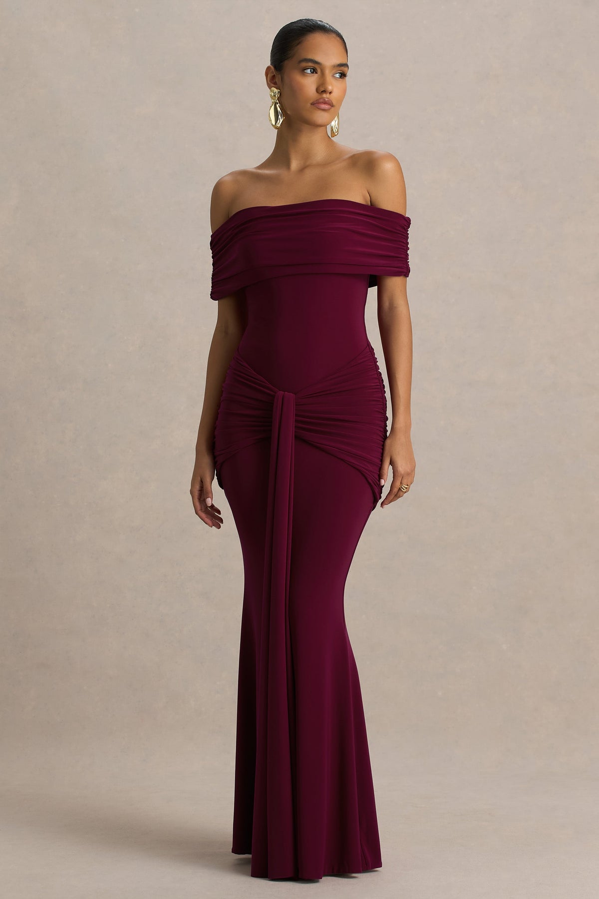 Envisioned | Burgundy Bardot-Neck Maxi Dress With Gathered And Drape Detail