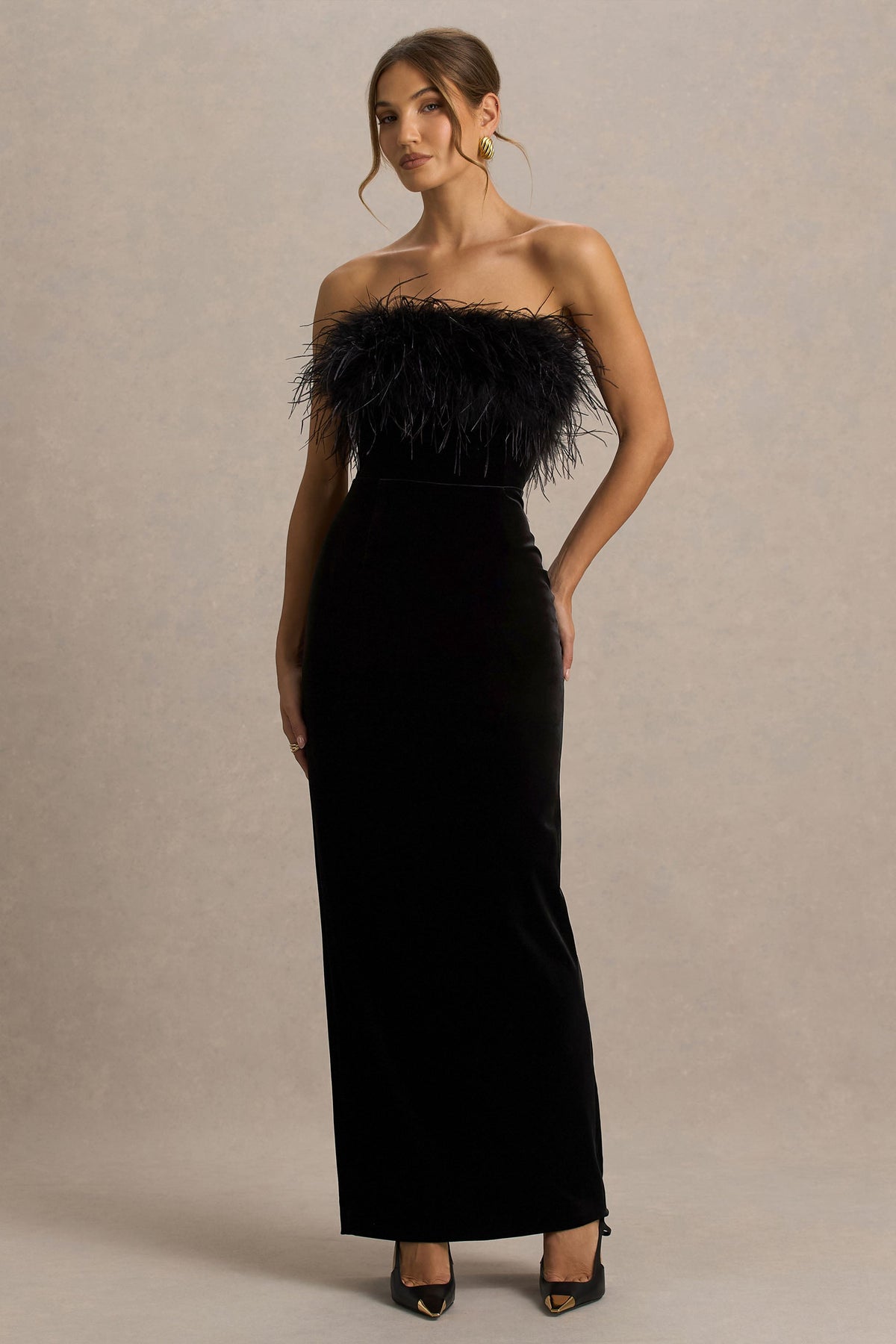 Arella | Black Velvet Bandeau Maxi Dress With Feather Trim