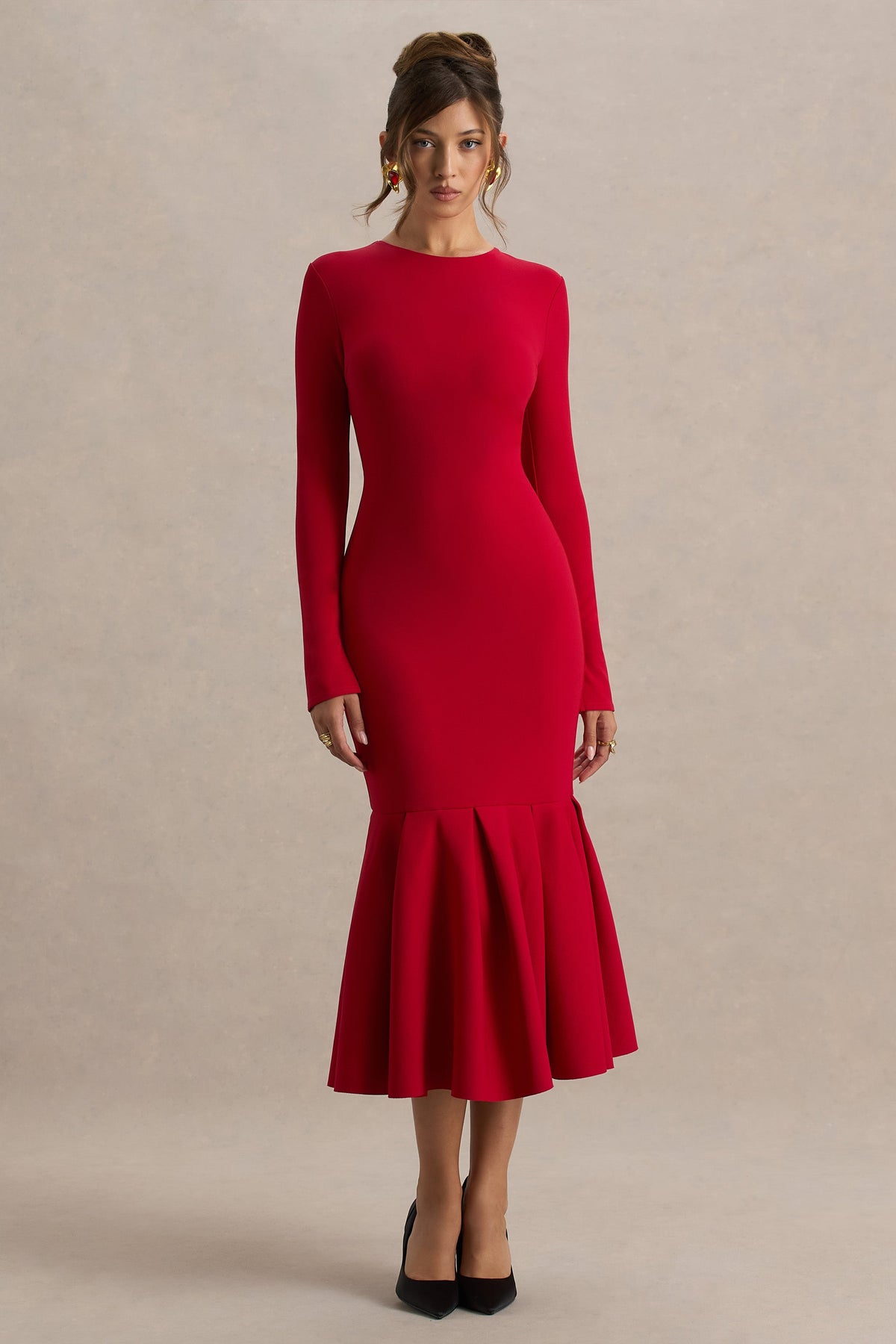 Liberty | Red High Neck Mermaid Midi Dress With Ruffling Detail