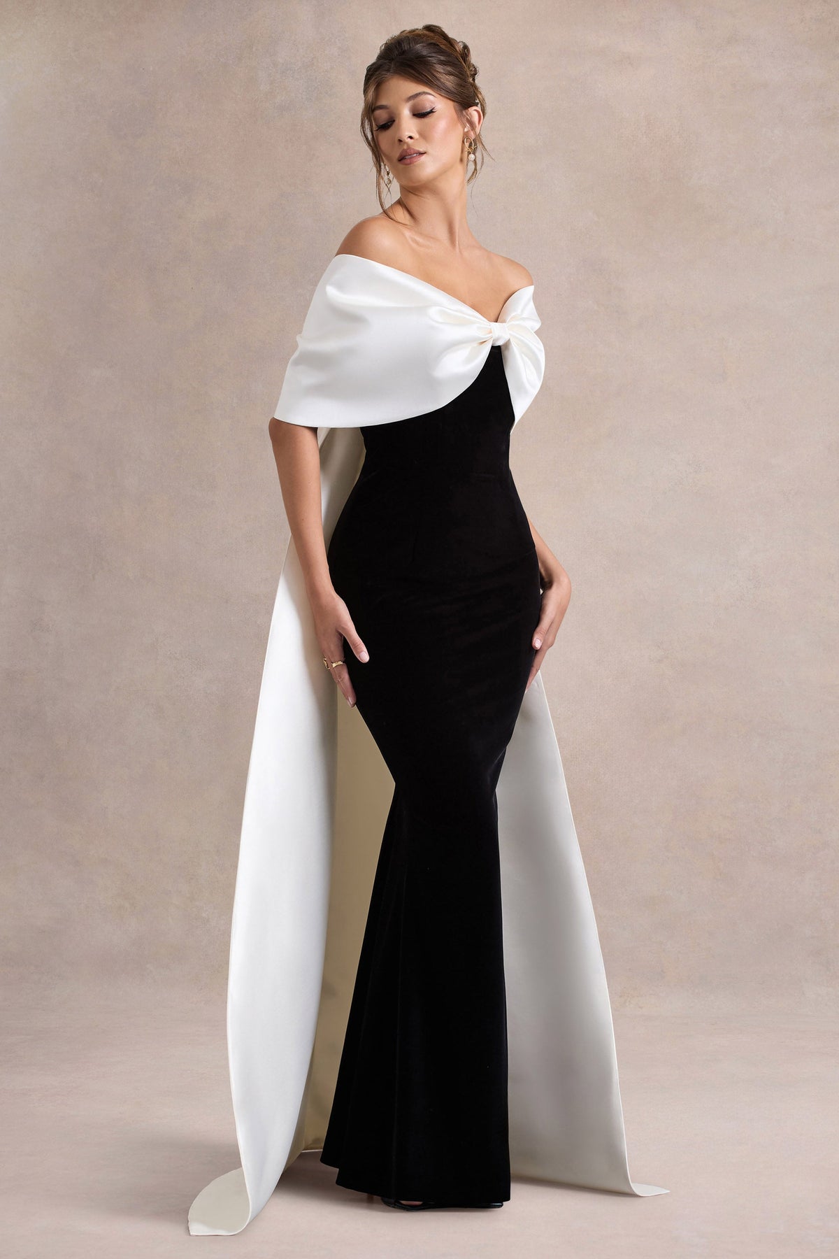 Wanting More | Black & White Satin Cape Maxi Dress With Oversized Bow