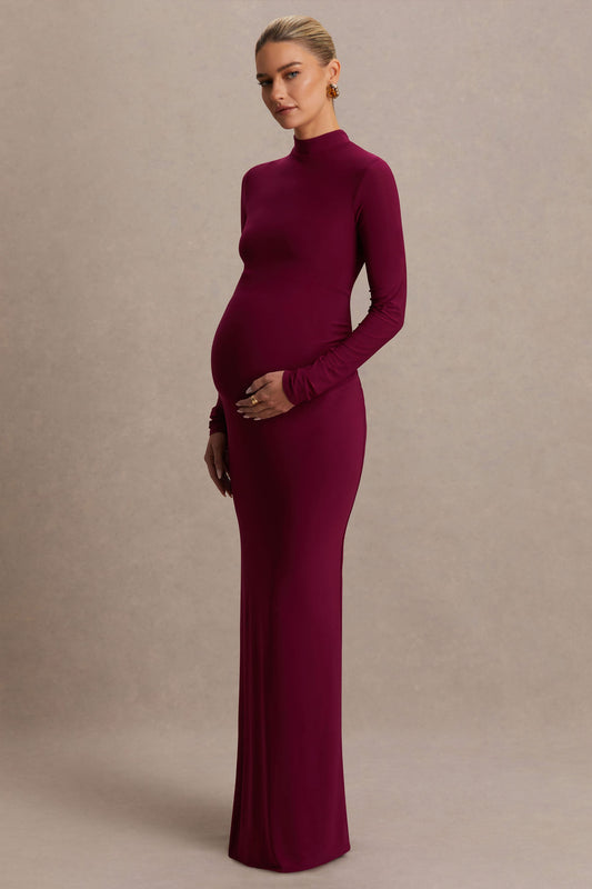 Alejandra | Burgundy Maternity Long Sleeve High Neck Maxi Dress