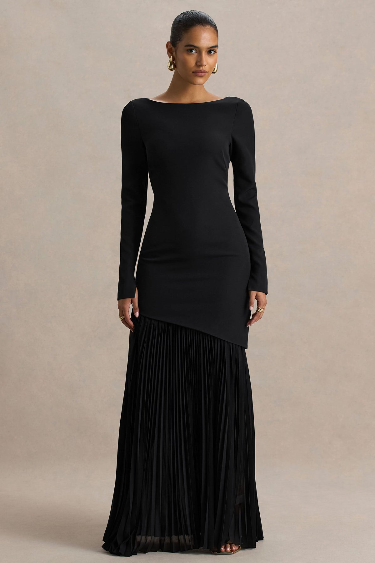 Yanira | Black Crepe And Georgette Boat-Neck Maxi Dress With Drop Waist