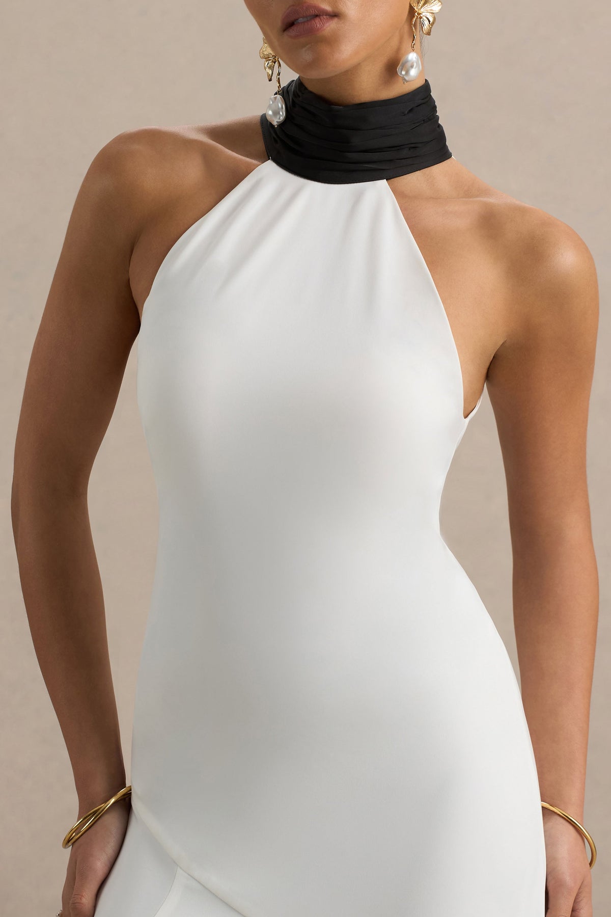 Luscious | White And Black High-Neck Maxi Dress With Drop-Waist And Bow Detail