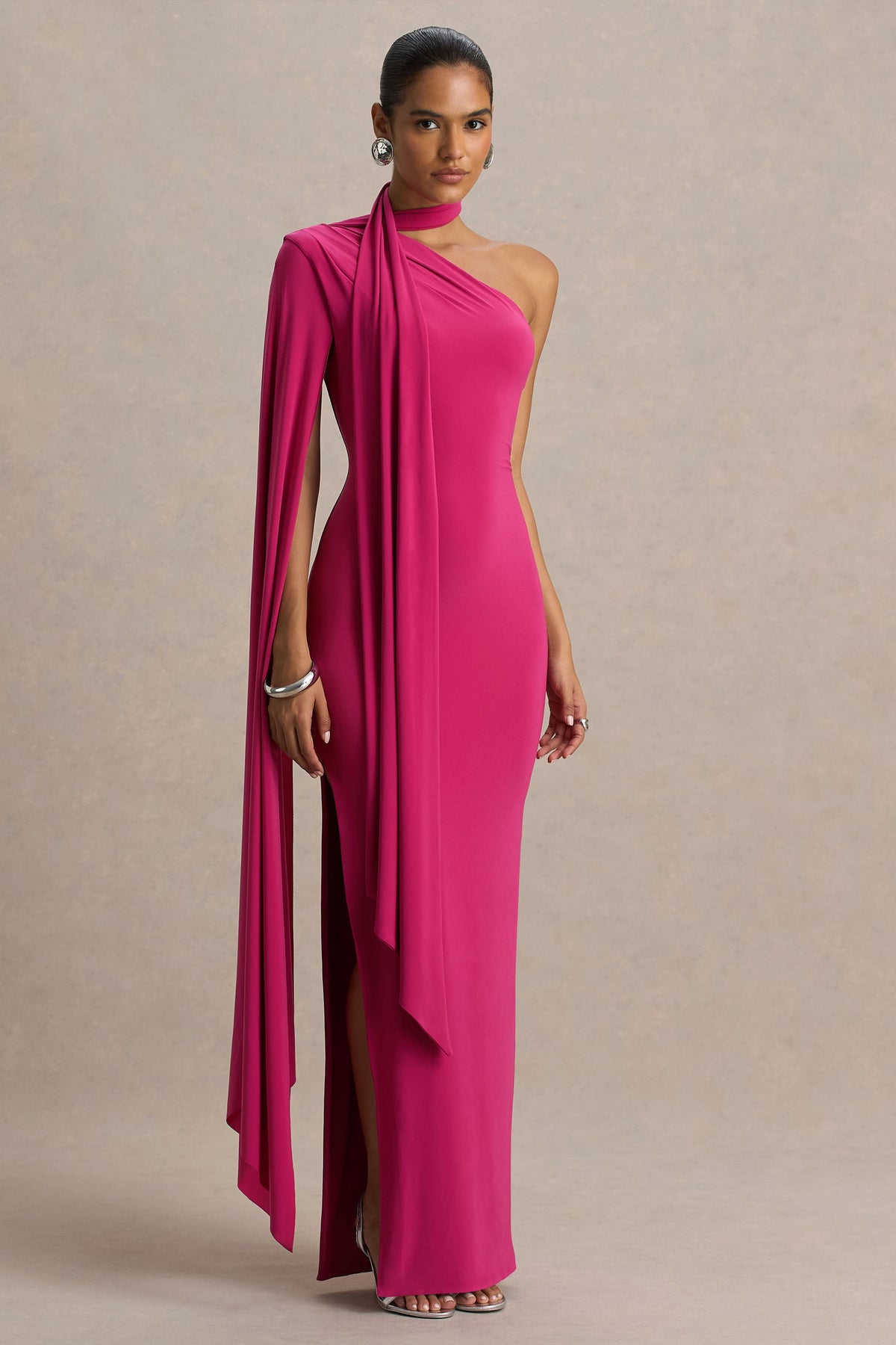 Amal | Hot Pink Asymmetric-Neck Maxi Dress With Scarf and Cape Detail