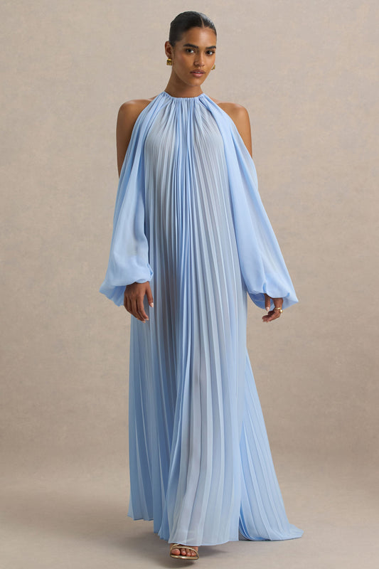 Reyna | Powder Blue Sheer Pleated Chiffon Cold-Shoulder Maxi Dress